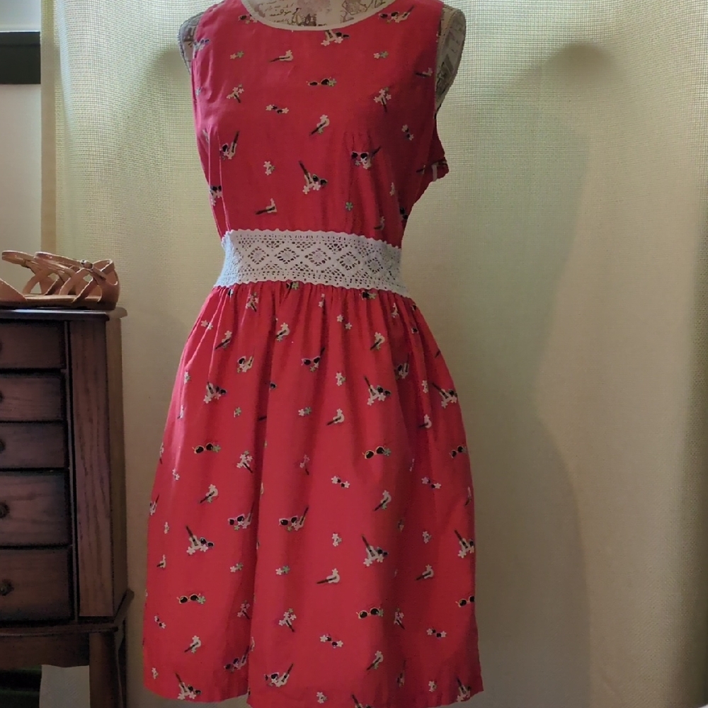 Coral Sleeveless Dress with Lace Detail